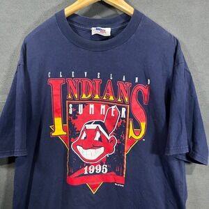 Vintage 1995 Cleveland Indians Summer T-Shirt Mens XL Navy Blue Locker Line MLB
